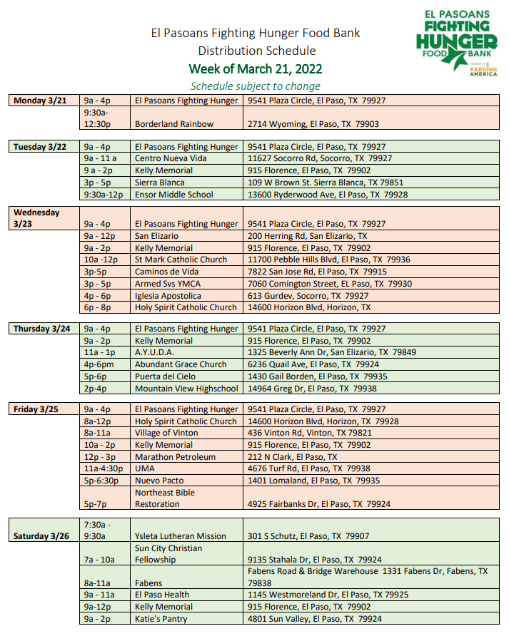 Mobile Distributions for the week of March 21, 2022